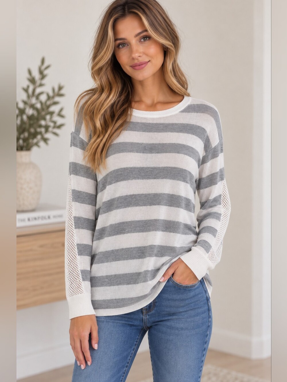 John + Jenn Striped Knit Sweater With Mesh Detailing